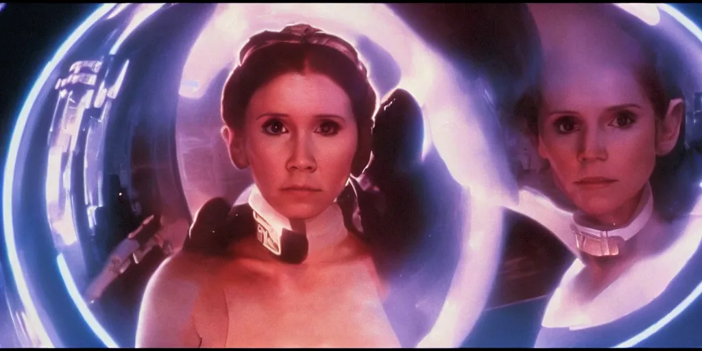 Image similar to screenshot portrait of Jedi Princess Leia, on a planet of maelstrom, chaos, the world without form and void, 1970s film by Stanley Kubrick, lost star wars film, iconic scene, HR Geiger design, stunning cinematography, hyper-detailed, sharp, anamorphic lenses, kodak color, 4k, stunning