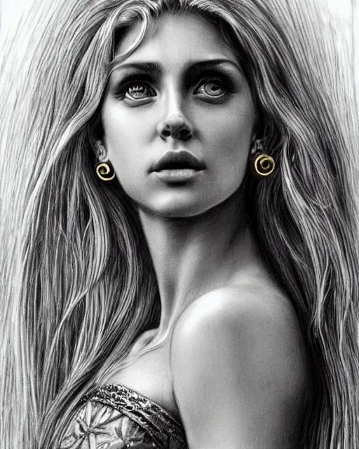 Image similar to pencil drawing of a beautiful greek goddess wearing round golden earrings, beautiful piercing eyes with a seductive look, beautiful blonde hair, hyper realistic face, in the style of greg rutkowski, fantasy, amazing detail, epic, elegant, smooth, sharp focus, from the front