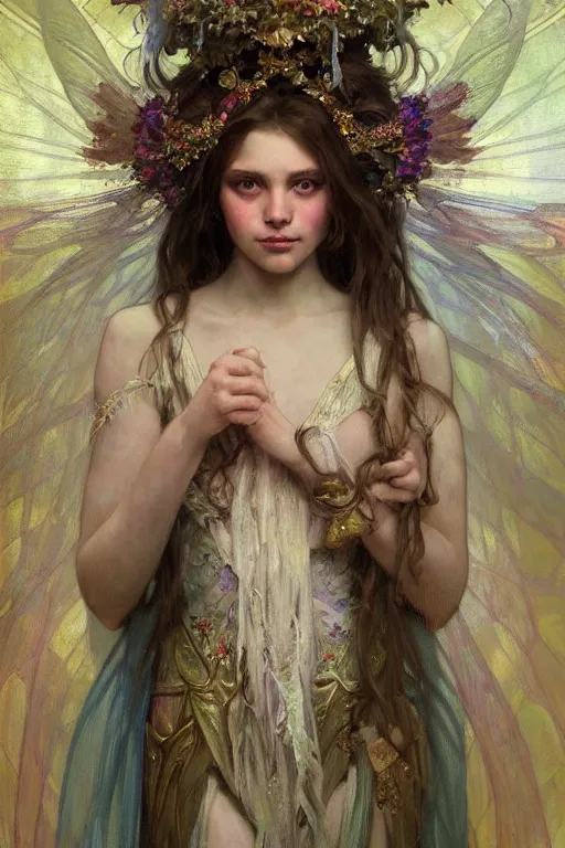 Image similar to hyperrealist portrait of a fairy girl emperorit is decorated with long robes that fall like stars and wears a huge crown. by jeremy mann and alphonse mucha, fantasy art, photo realistic, dynamic lighting, artstation, poster, volumetric lighting, very detailed faces, 4 k, award winning