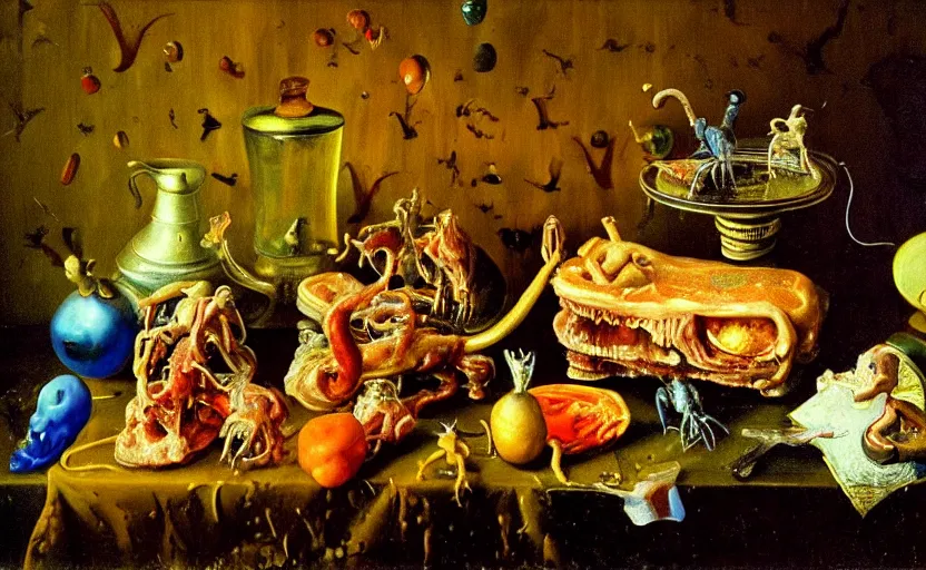 Image similar to disturbing colorful oil painting dutch golden age vanitas still life with bizarre objects strange gooey transparent surfaces shiny metal reflections bizarre mutant meat insects rachel ruysch dali todd schorr very detailed perfect composition rule of thirds masterpiece canon 5 0 mm, cinematic lighting, photography, retro, film, kodachrome