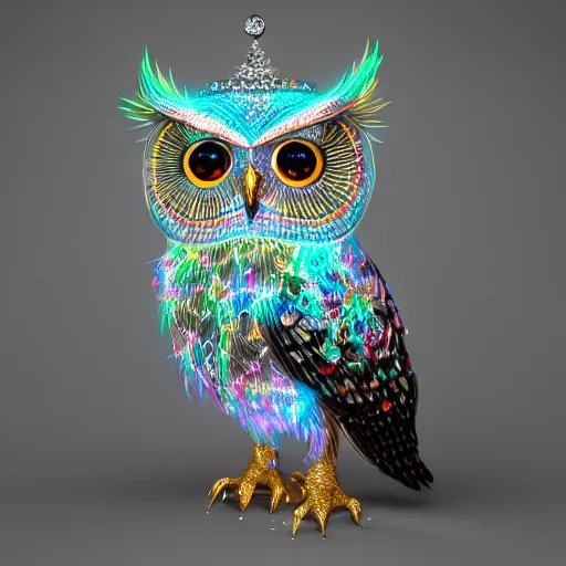 Prompt: detailed portrait of a magical lights owl, wearing a diamond crown, glowing feathers, halfway through, hyper detailed, stylistic, symmetrical, 3 d render, 8 k, octane render