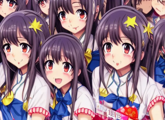 Image similar to moe anisong album ; weekly shonen jump issue 1 4, cover, 2 0 0 0 clannad shuffle toheart event'anime pattern of illustration japanese very very beautiful cute girls doing cute things trending on artstation pixiv makoto shinkai smiling super detailed eyes eyebrowless symmetry face visual novel hairpin star