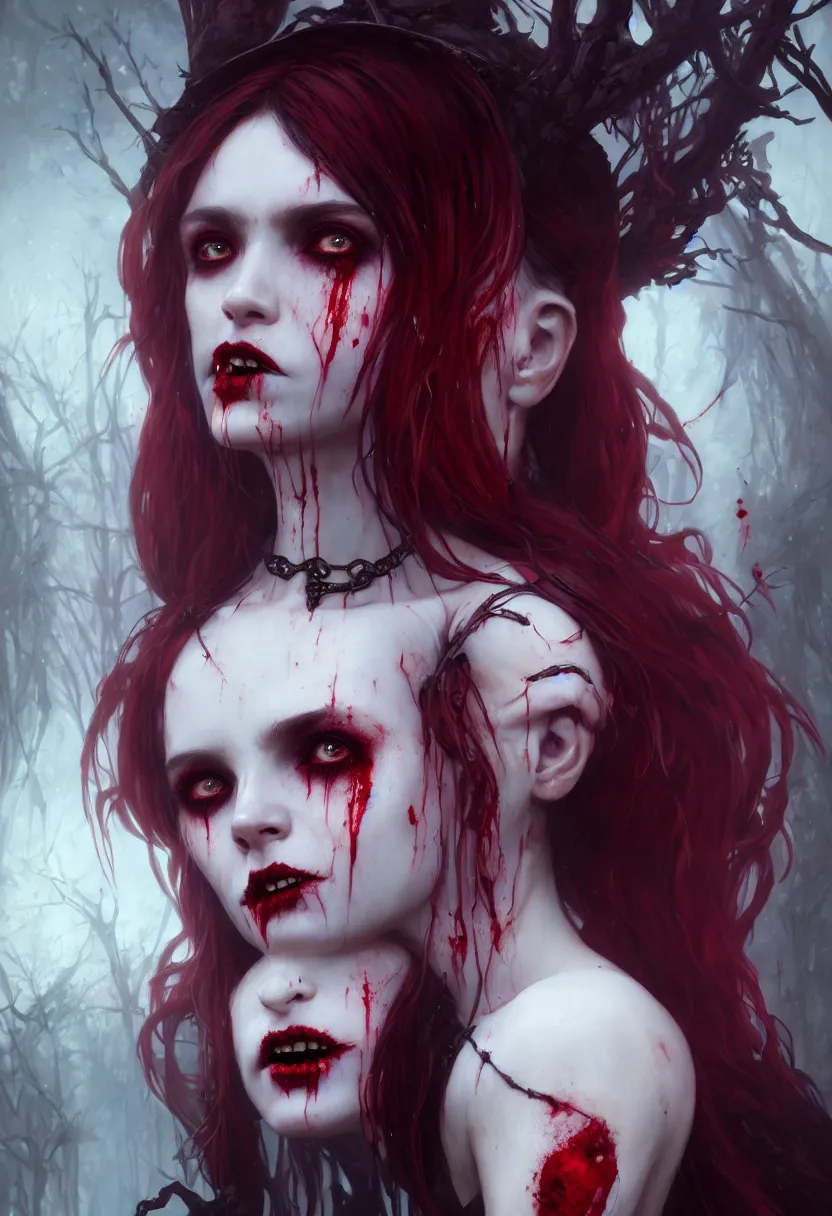 Image similar to beautiful, very extreme closeup portrait, bloody, vampire girl, extreme blood, vampire fangs, medieval dress. witch, makeup. unreal engine, greg rutkowski, loish, rhads, beeple, tom bagshaw, alphonse mucha, global illumination, detailed and intricate environment