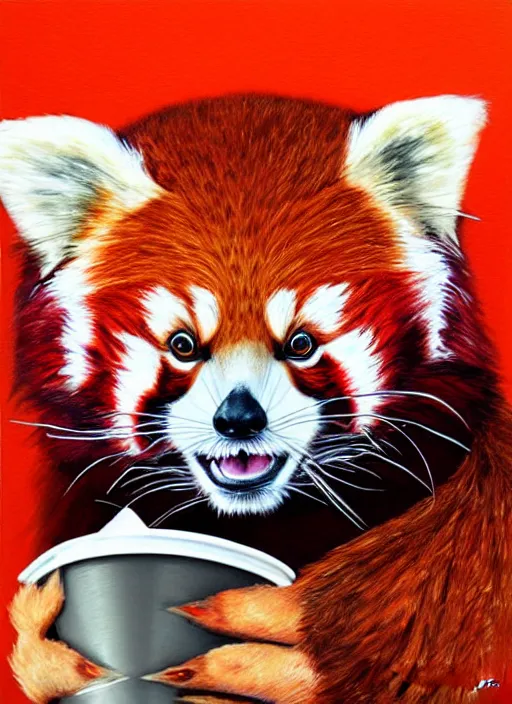 Prompt: red panda, paper cup, fantasy, woodroffe art style, highly detailed, digital painting, artstation, concept art, illustration, art by patrick james woodroffe!!!