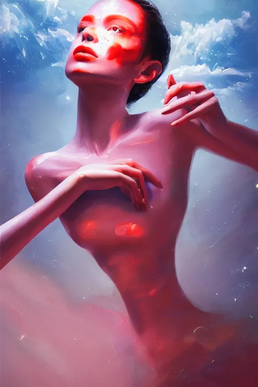 Image similar to 3 d, sci - fi, morning, happy fashion model face, sun, cinematic, lightning, clouds, vogue cover style, stanley kubrick, light red and orange mood, realistic painting, intricate oil painting, high detail, figurative art, multiple exposure, poster art, 3 d, by tooth wu and wlop and beeple and greg rutkowski