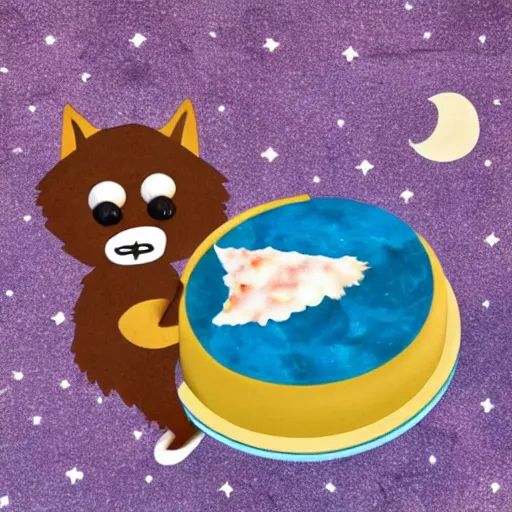 Prompt: a wolf eating a moon shaped cake