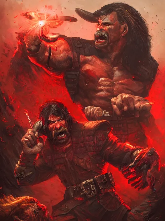 Image similar to Dr Disrespect fighting against an Orc, red lighting, time warping, D&D, fantasy, highly detailed, digital painting, trending on artstation, concept art, sharp focus, illustration, art by artgerm and greg rutkowski and magali villeneuve