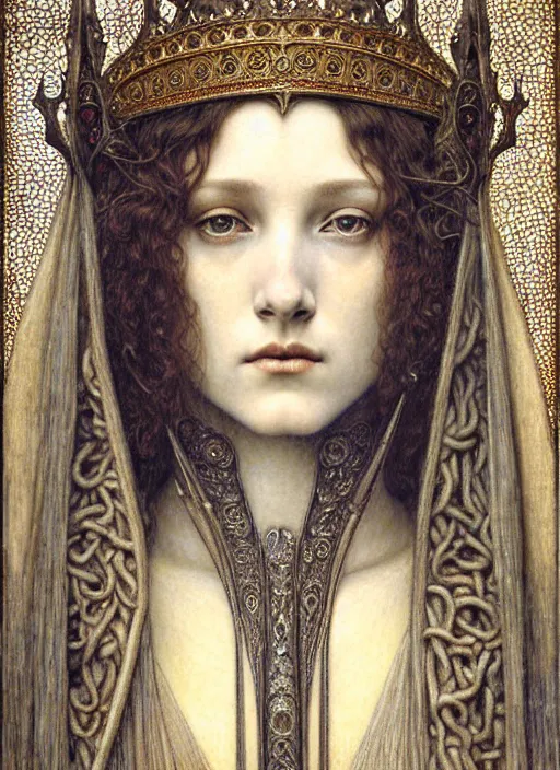 Image similar to detailed realistic beautiful young medieval queen face portrait by jean delville, gustave dore and marco mazzoni, art nouveau, symbolist, visionary, gothic, pre - raphaelite. horizontal symmetry