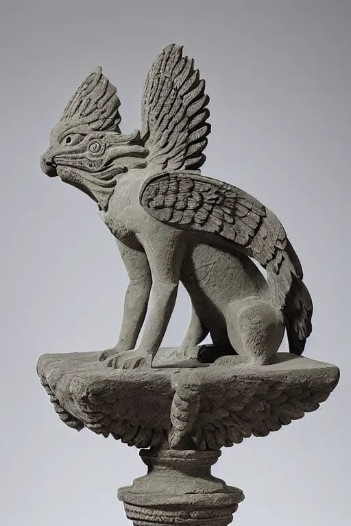 Image similar to a stone sculpture of a winged panther sitting on a pedestal with intricate carvings and fine detail