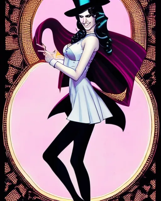 Image similar to beautiful Anna Kendrick Zatanna DC Comics floating on stage, wearing a top hat, symmetrical face symmetrical eyes, smiling, intricate details, atmospheric, art by eiichiro oda, Joshua Middleton art