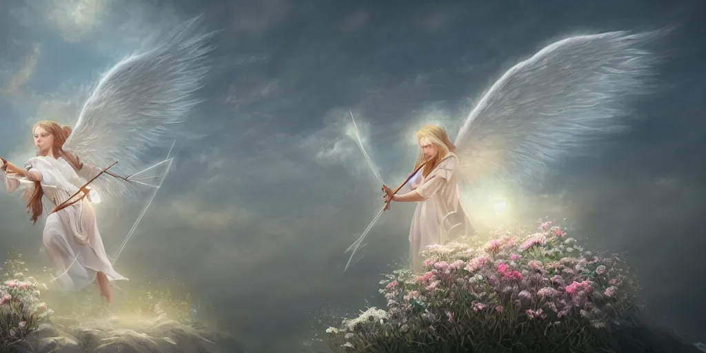 Prompt: An angel with white wings shooting luminous arrows with a bow on a country landscape covered with flowers, the arrows create flowers when they hit the country floor, inspired by Amandine Van Ray, Christophe Vacher, trending on artstation, heavenly colors, volumetric lighting