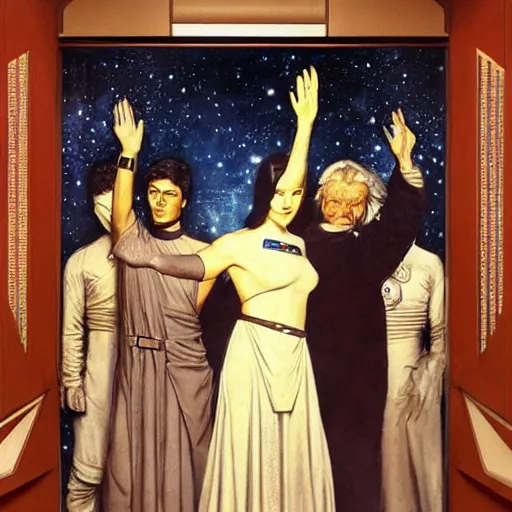 Image similar to STAR TREK nordics waving at the viewer designed in ancient Greece, (SFW) safe for work, photo realistic illustration by greg rutkowski, thomas kindkade, alphonse mucha, loish, norman rockwell