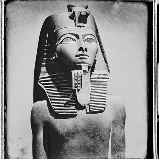 Image similar to A pharaoh from Ancient Egypt wearing an outfit designed by Raf Simons, daguerreotype