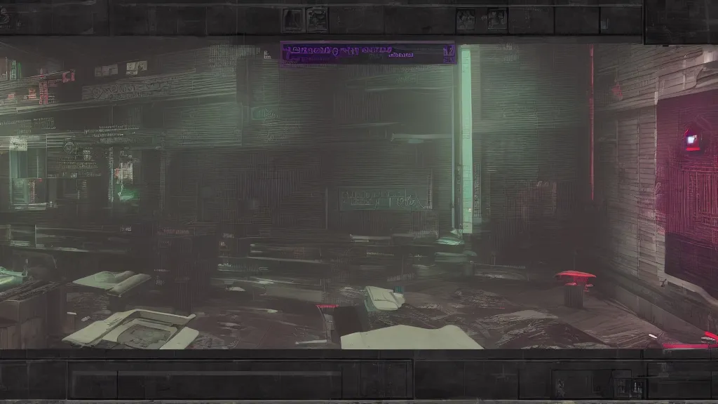 Image similar to GUI for a marketplace for nightmares, cyberpunk, horror, System Shock 2, Shin Megami Tensei, Deus Ex