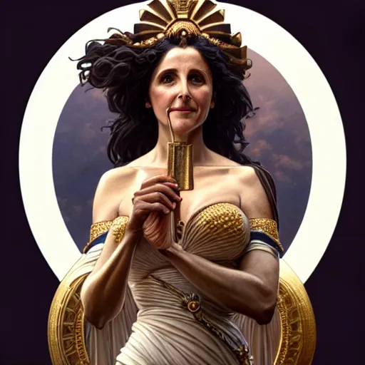 Image similar to ultra realistic illustration, a statue of a glorious goddess julia louis - dreyfus, intricate, elegant, highly detailed, digital painting, artstation, concept art, smooth, sharp focus, illustration, art by artgerm and greg rutkowski and alphonse mucha