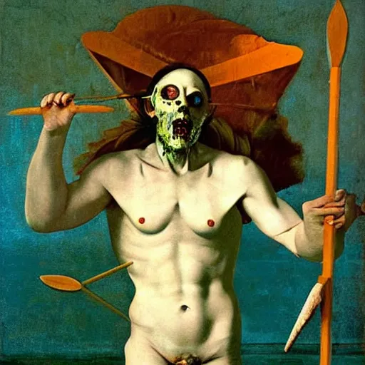 Prompt: low poly painting by caravaggio of a drowned zombie holding a trident with glowing cyan eyes, wearing ragged clothing, holding a trident, underwater, pastel green and blue color palette, low poly