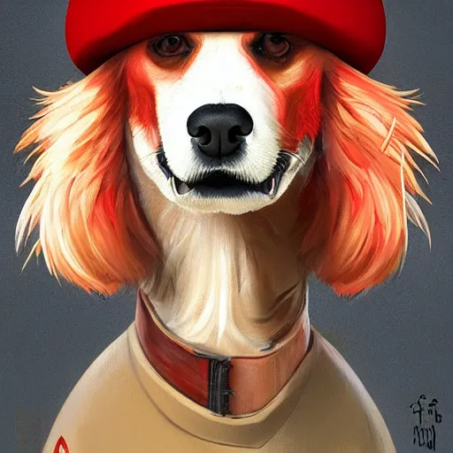 Image similar to Portrait painting of a antropormophic Red Borzoi Dog using a communist red beret as an Overwatch character, medium shot, asymmetrical, profile picture, Organic Painting, sunny day, Matte Painting, bold shapes, hard edges, street art, trending on artstation, by Huang Guangjian and Gil Elvgren and Sachin Teng