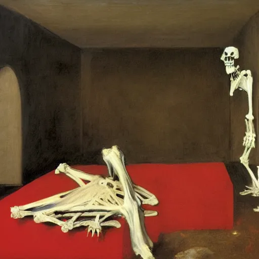 Prompt: figure crying on side of bed while another dark figure laughs with a Cow skeleton by Francisco Goya and Francis Bacon, vibrant red background, mythological painting, oil painting, triadic color scheme, very coherent, Figure laughing seated on a throne of marble, whale skeleton inside interior room, Beksinski painting, masterpiece