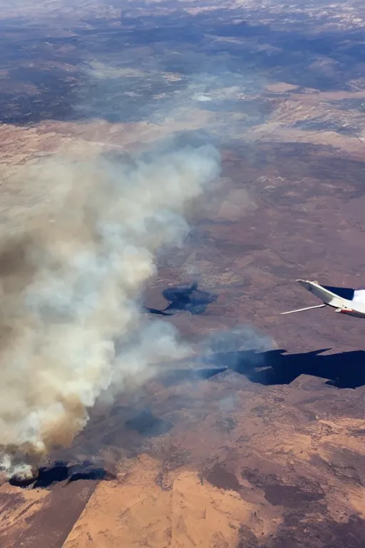 Image similar to airplane window view, flying above a drying landscape and huge fire