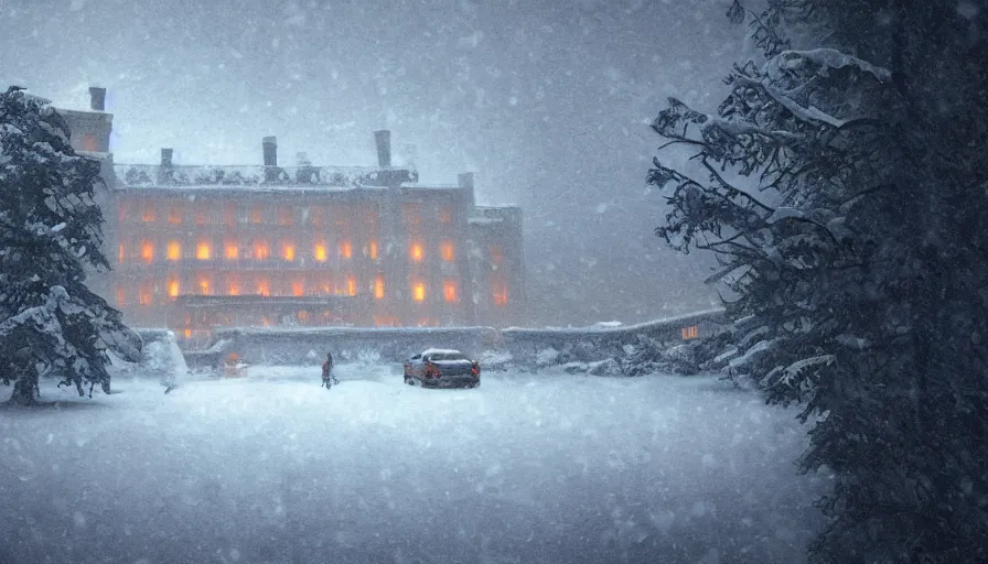 Prompt: Overlook Hotel from Shining under tons of snow during snowstorm, hyperdetailed, artstation, cgsociety, 8k