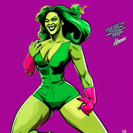 Prompt: Singer Beyoncé as She-Hulk, smiling, poster framed, comic pinup style, sports illustrated, detailed legs, artstation, illustration, posterized, Roge Antonio, Jen Bartel