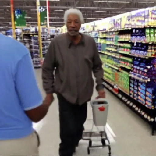 Image similar to a surveillance footage of Morgan Freeman at Walmart