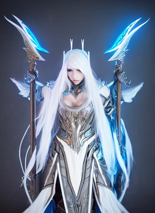 Prompt: photo of a sorceress near mage tower, warframe armor!!, fantasy, white hair, blue decorations, professionally color graded, interesting angle, sharp focus, 8 k high definition, insanely detailed, intricate, intelligent, art by akihiko yoshida and shirotaka