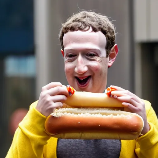 Prompt: mark zuckerberg wearing a clown wig and eating an hot dog, professional photo