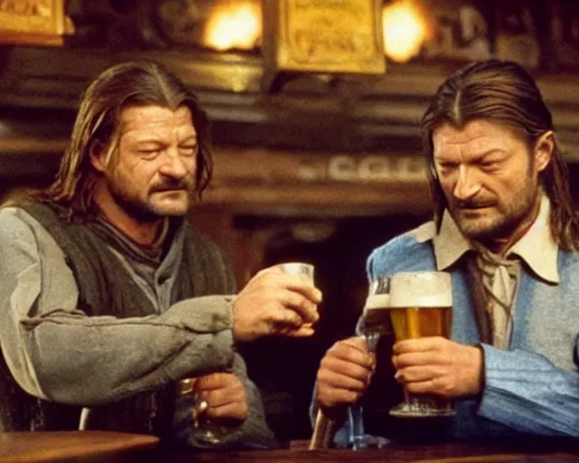 Image similar to Ned Stark and Boromir drinking beer in a pub, Film still, high detail