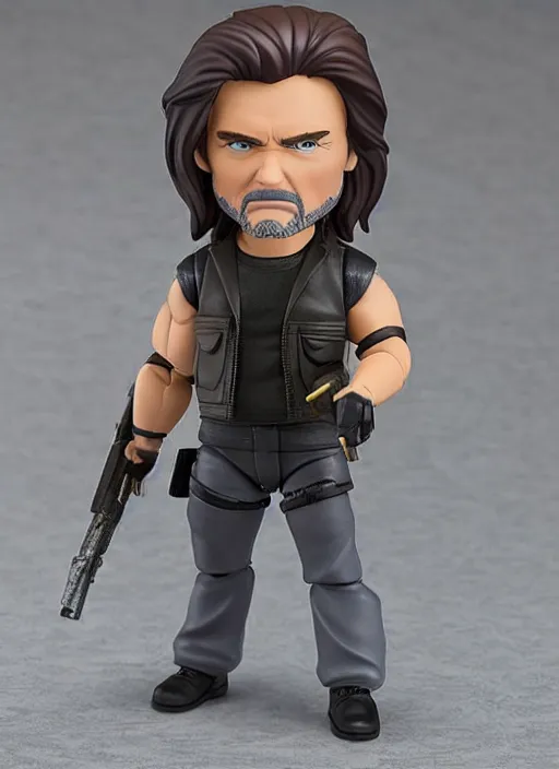 Image similar to kurt russell, a nendoroid of kurt russell is snake plisskin figurine, black tank top, grey pants, escape from new york, realistic face, detailed product photo