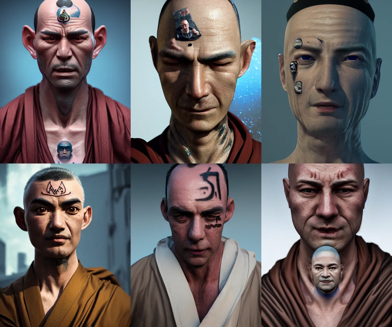 Prompt: incredibly realistic, too detailed face of policeman with monk robe, forehead tattoo, octane render, bump mapping, macro image, global illumination, 8 k, bokeh, enki bilal, yuji himukai, jen zee, peter mohrbacher