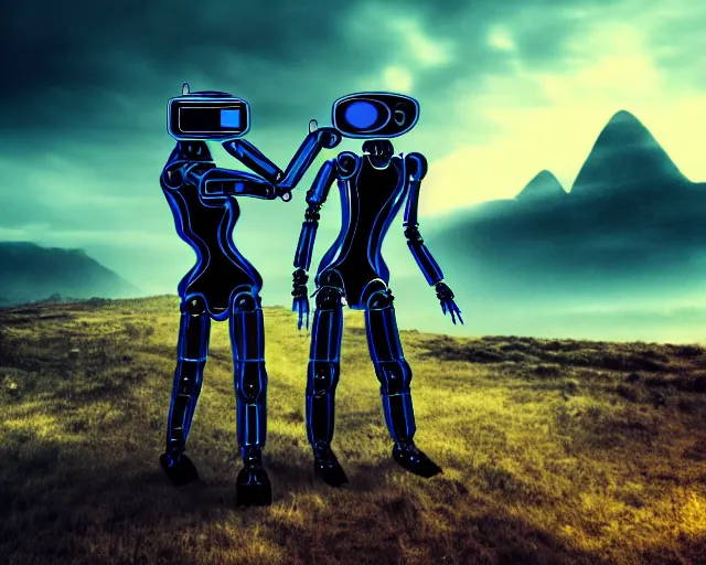 Image similar to two humanoid futuristic robot fighting each other, landscape, Cyberpunk, Steampunk, close up, cloudy, mountains on background, peaceful day