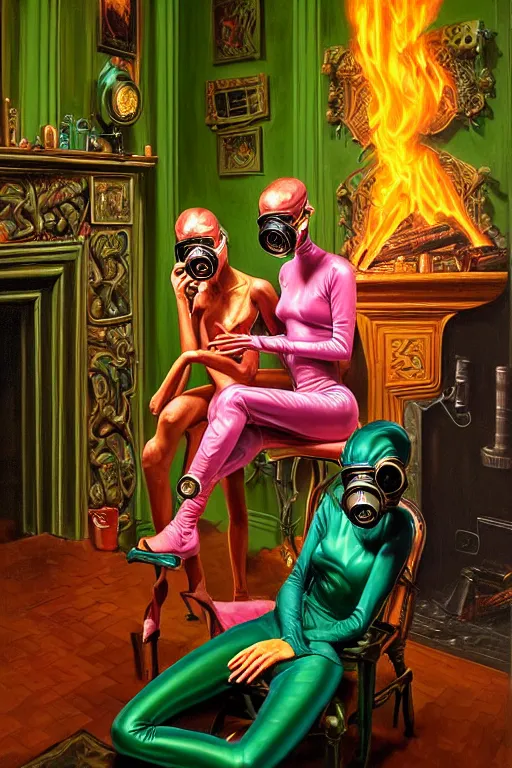 Prompt: two exhausted, skinny, fleshy figures, wearing ornate gas masks and silky green and pink clothes, sit next to a fireplace with swirling blue flames inside grand room by greg hildebrandt, mark brooks, karol bak, hauntingly surreal, highly detailed painting by jenny saville, soft light 8 k