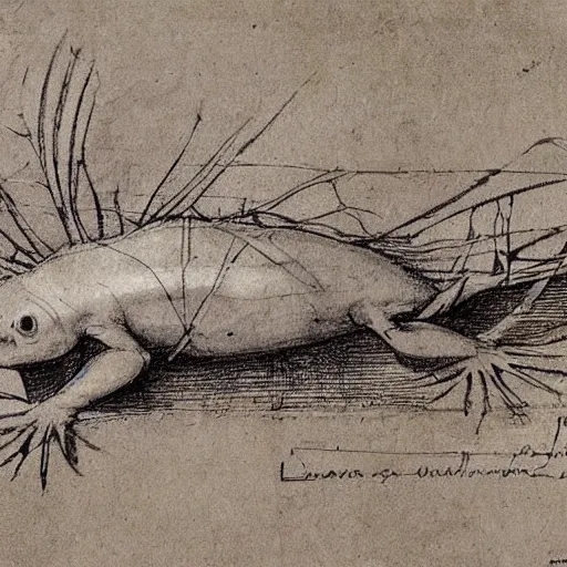 Prompt: leonardo da vinci sketch of an axolotl