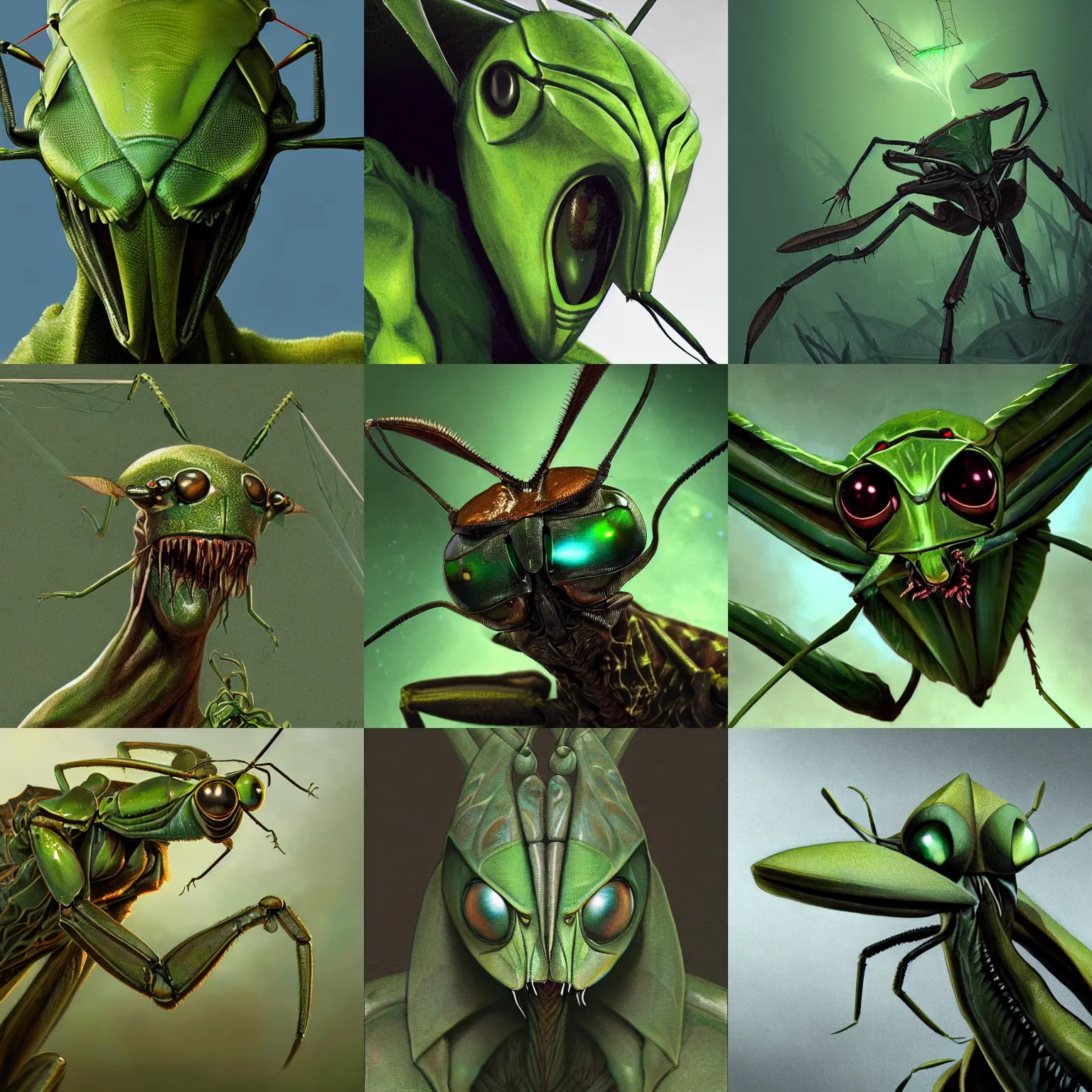 Prompt: mid - shot portrait of green anthropomorphic mantis religiosa ; hard predatory look ; d & d rogue ; flat triangle - shaped head with thin thread - like antennae and insectoid compound eyes ; concept art ; artstation ; 8 k ; wallpapers ; heavy contrast ; cinematic art ; cgsociety ; art by greg rutkowski and artgerm