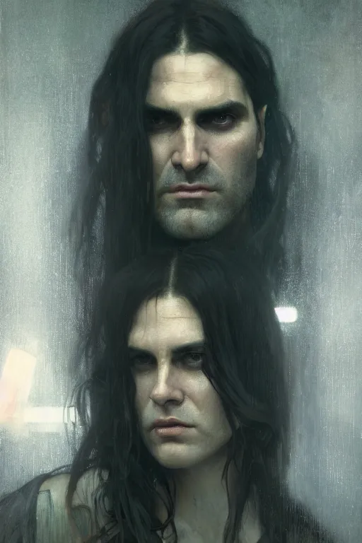 Image similar to peter steele from type o negative hyperrealistic portrait, bladerunner street, art of elysium by jeremy mann and alphonse mucha and greg rutkowski, fantasy art, photo realistic, dynamic lighting, artstation, poster, volumetric lighting, very detailed face, 4 k, award winning