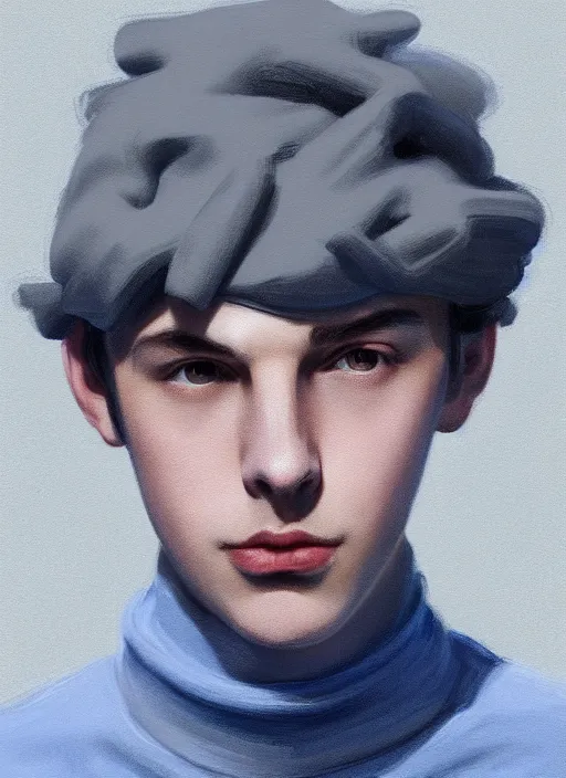 Image similar to portrait of teenage jughead jones wearing a light grey crown, crown, light grey crown, blue turtleneck, 1 9 5 0 s, closed eyes, intricate, elegant, glowing lights, highly detailed, digital painting, artstation, concept art, smooth, sharp focus, illustration, art by wlop, mars ravelo and greg rutkowski