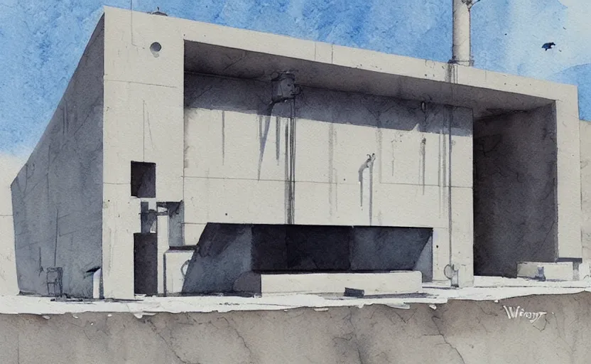 Image similar to concept art of a concrete factory exterior, pinterest, artstation trending, behance, watercolor, by coby whitmore, silver, laser light,