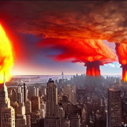 Image similar to nuclear explosion in New York city, very very very detailed, super high quality, UHD, Ray tracing, realistic