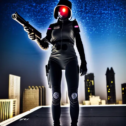 Prompt: photographic portrait of a techwear woman holding a shotgun, closeup, on the rooftop of a futuristic city at night, sigma 85mm f/1.4, 4k, depth of field, high resolution, 4k, 8k, hd, full color, Robocop, Die Hard, movies with guns, movie firearms, face closeups