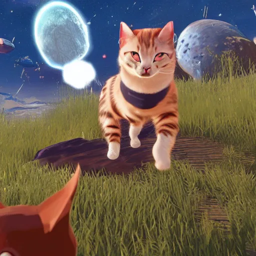 Image similar to cats as travellers in no man's sky