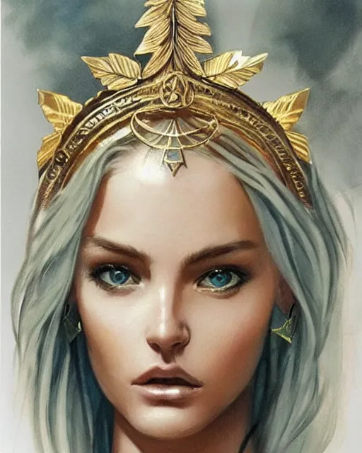 Image similar to tattoo design sketch of hot blonde super model as aphrodite greek goddess wearing a gold laurel wreath and triangle earrings, beautiful piercing gaze with sharp pupils, in the style of greg rutkowski, fantasy, amazing detail, epic, elegant, smooth, sharp focus, front view