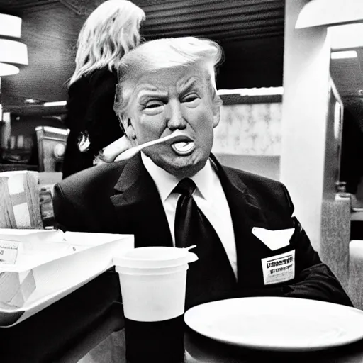 Image similar to Donald Trump eating McDonalds at a table, night vision, trail cam footage