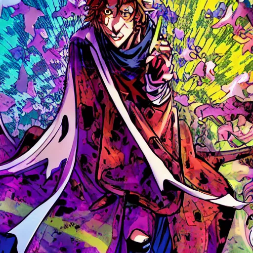 Image similar to anime style cape guy in psychedelic field, fantasy, adventure, comics, panels by Brian Wood and Riccardo Burchielli, detailed post-production + punk style 4K