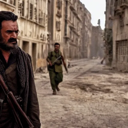 Image similar to kurdish communist in a movie directed by christopher nolan, movie still frame, promotional image, imax 7 0 mm footage