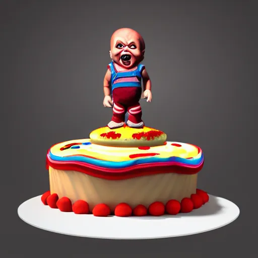 Image similar to birthday cake shaped like screaming chucky doll, octane render, centered