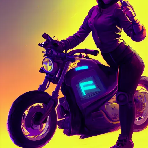 Image similar to Portrait of a cyberpunk furry girl sitting on a motorcycle, mattepainting concept pixar maya engine on stylized background splash comics global illumination lighting artstation lois van baarle, ilya kuvshinov, rossdraws