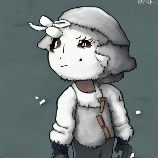 Prompt: little boy wearing sheep suit. white, gray, blue, green and brown pallet color. made in abyss art style, inspired in chris from deltarrune, cute detailed artwork