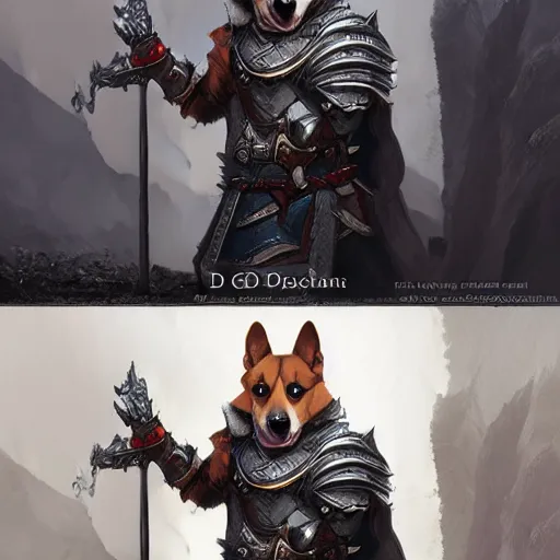 Prompt: d & d character art for a corgi. he's a paladin wearing intricate silver armor. hyperrealistic, extremely detailed digital painting, fantasy, magical, greg rutkowski, artgerm, trending on artstation, 8 k
