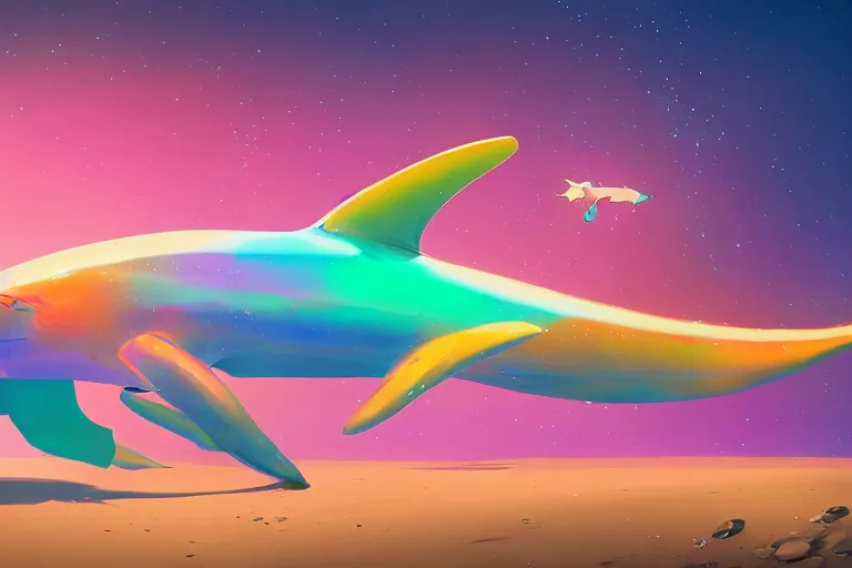 Prompt: a holographic projection of a huge colorful transparent shark appears in the desert at night, a man is stunned, by anton fadeev and jame paick, highly - detailed, fantasy